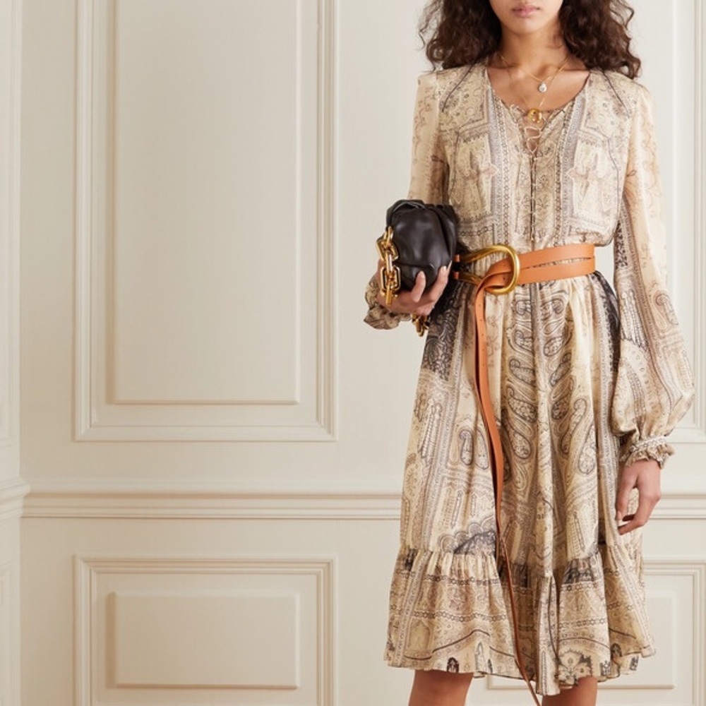 Etro Cream Ruffled Tiered Midi Dress with Bishop Sleeves